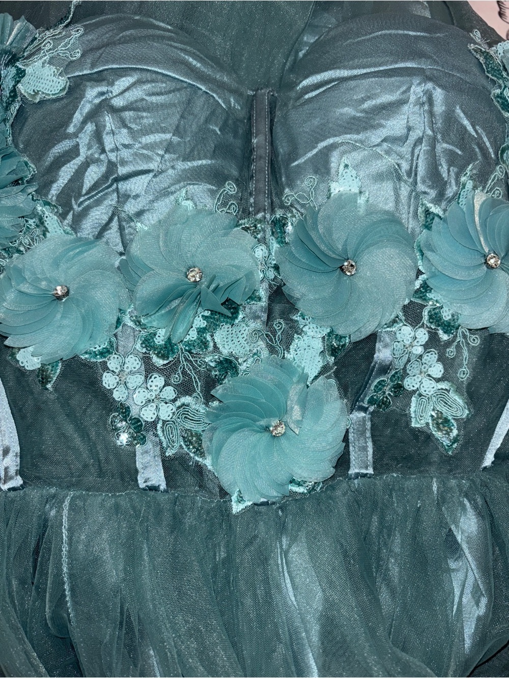 Teal Floral Appliqué Tulle Dress